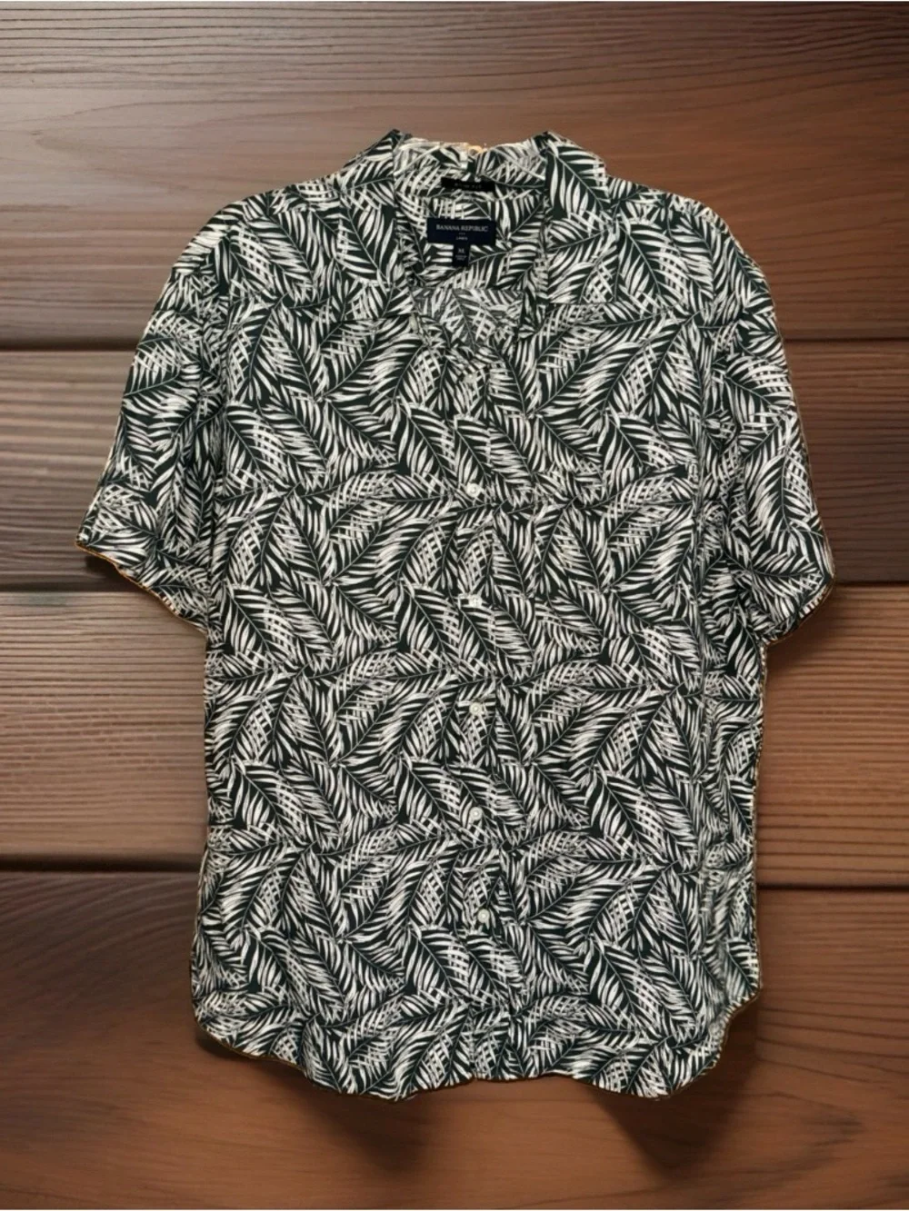 Banana Republic Men’s Linen Gray & White Leaf Print Short Sleeve Shirt-XL-EC